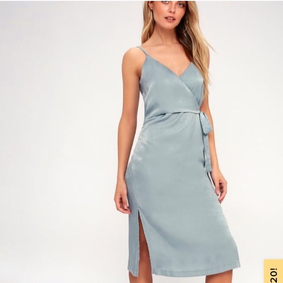 Mint Blue Satin Midi Wrap Dress - Picture 1 of 6